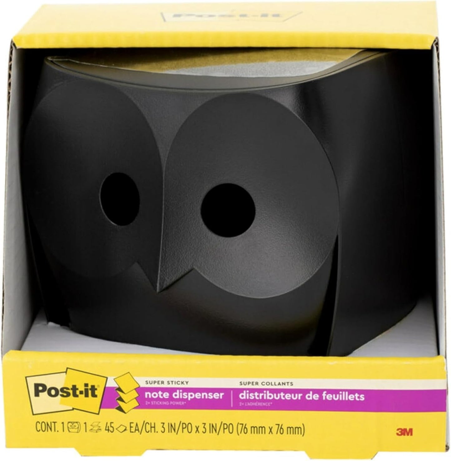 Post-it Note Dispenser, Sticky Note Holder, Black Owl Design, Includes 45 Sheets of 3 in x 3 in Citron Yellow Pop-Up Notes, Classroom or Office Supplies