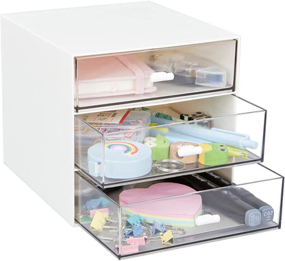 Desk Organizer with 4 Drawers, Clear Plastic Desk Storage Box, Desktop Organization for Office Supplies, Gel Pens, Pencils, Markers, Tape, Erasers, Paperclips, Chargers (White-4 Draws)