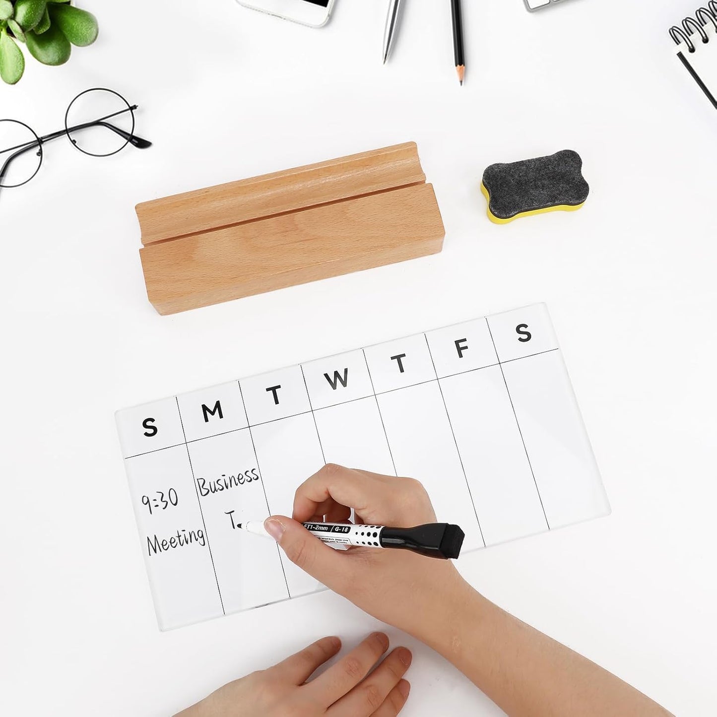 Desktop Glass Whiteboard with Wood Base, Small Whiteboard Glass Dry Erase Board Mini Whiteboard Portable Desk Whiteboard for Home, Office, 6.9x5.86 inch. Accessories Included