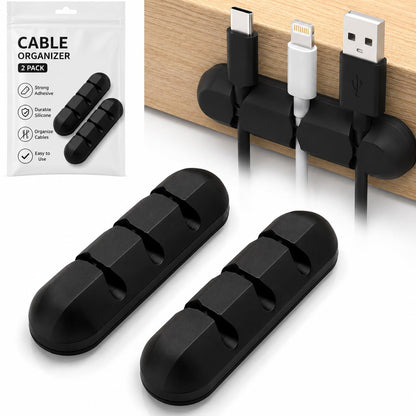 Cable Organizer Clips 2 Pack, Silicone Cord Holder for Desk, Strong Adhesive Cable Organizer for USB Charging Cables, Home Office & Car Wire Management (Black)