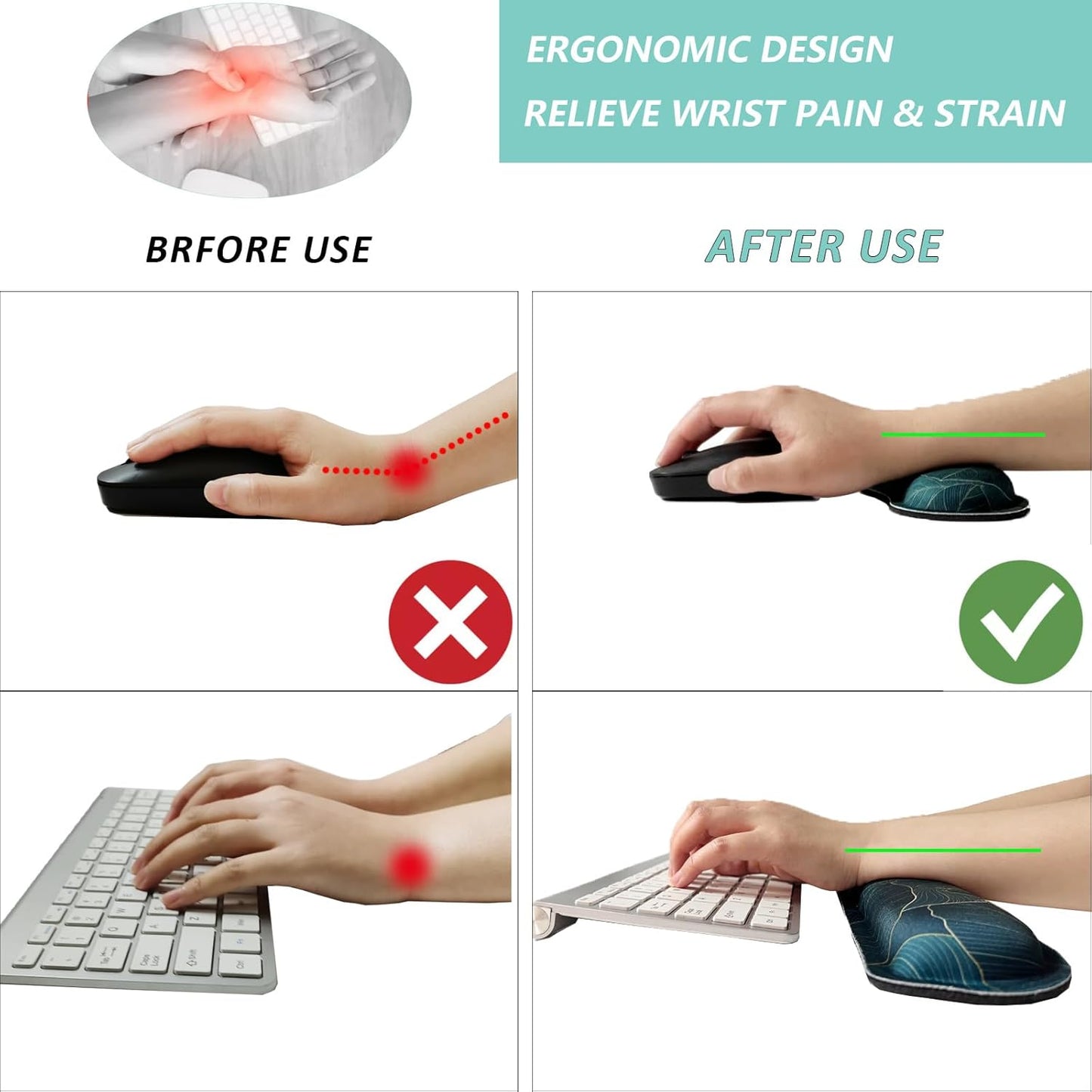 Keyboard Wrist Rest Mouse Wrist Support Set, Memory Foam Wrist Rest Pad for Computer Laptop Keyboard Mouse, Ergonomic Wrist Cushion Support for Typing Pain Relief, Gaming Home Office, Flowers Grass