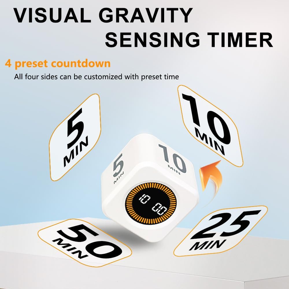 Visual Rotating Timer with 5, 10, 25 50 Minutes Preset, Desk Cube Count Down/up Timer, Rechargeable Custom-time Mute/Sound, Ideal for ADHD Work Learning Kitchen, Black