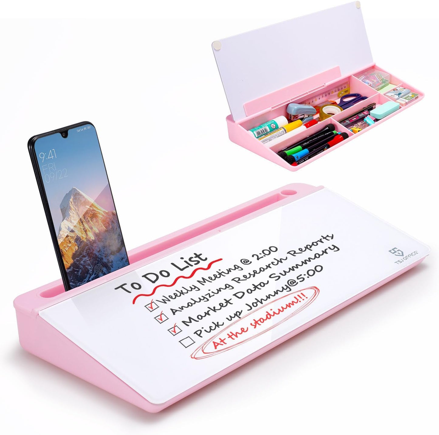 TSJ OFFICE Small Desktop Whiteboard -Glass Dry Erase Board Computer Keyboard Stand White Board Surface Pad with Drawer, Desk Organizers with Accessories for Office, Home, School Supplies - White