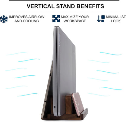 S&A WOODCRAFT 3 Slots Bamboo Wood Vertical Laptop Stand, Adjustable Wooden Laptop Holder, Non-Slip Laptop Dock Compatible with Apple MacBook, Microsoft Surface, Gaming Laptops, IPad, Tablets