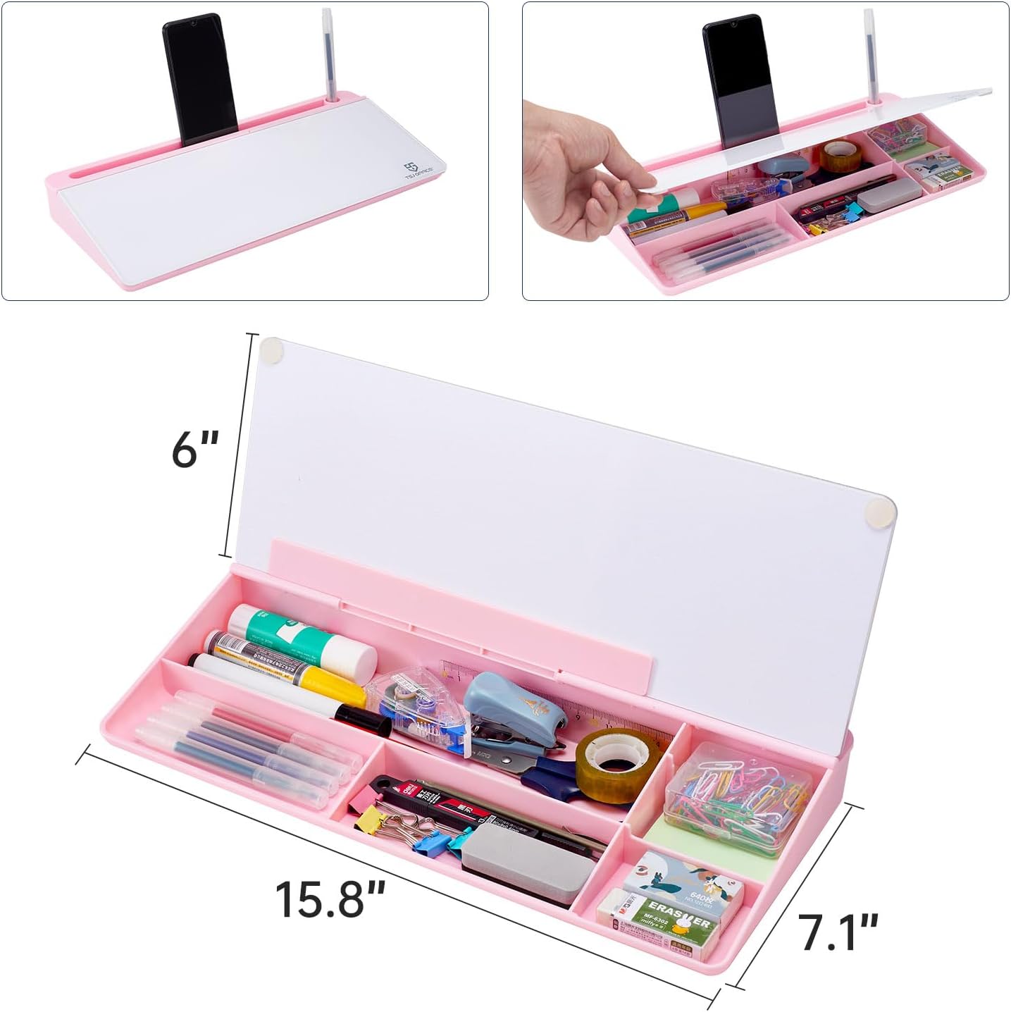 TSJ OFFICE Small Desktop Whiteboard -Glass Dry Erase Board Computer Keyboard Stand White Board Surface Pad with Drawer, Desk Organizers with Accessories for Office, Home, School Supplies - White
