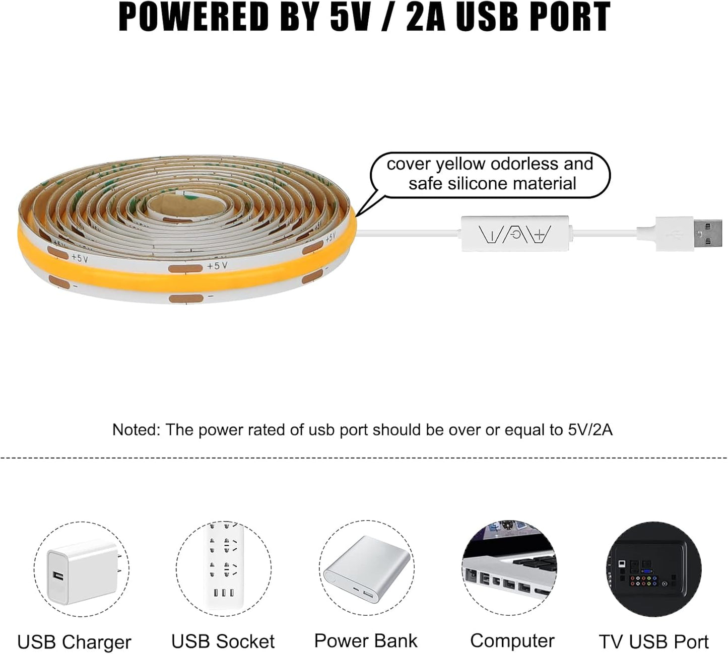 Tatazone 5V USB COB Led Strip Light with RF Remote, 4.92ft 6500K CRI93+ USB Powered COB Led Light Strip, Dimmable Indoor COB Led Light for Cabinet, TV, Camping, Monitor, Showcase, Motorhome