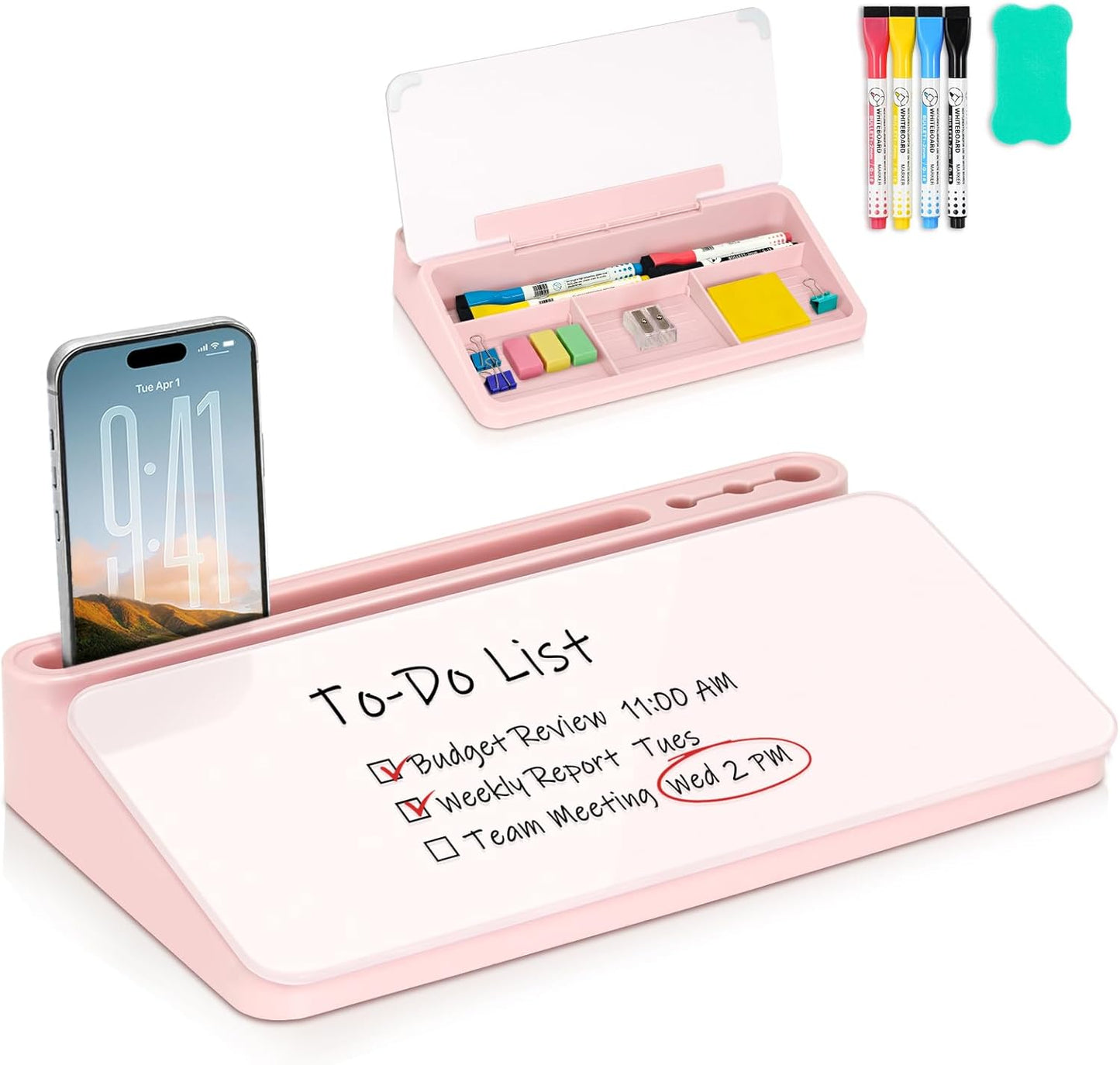 WALGLASS Small Desktop Whiteboard with Storage, Glass Desk Dry Erase White Board Computer Keyboard Stand with Drawer, Desk Organizers with Accessories for Office, Home, School Supplies White