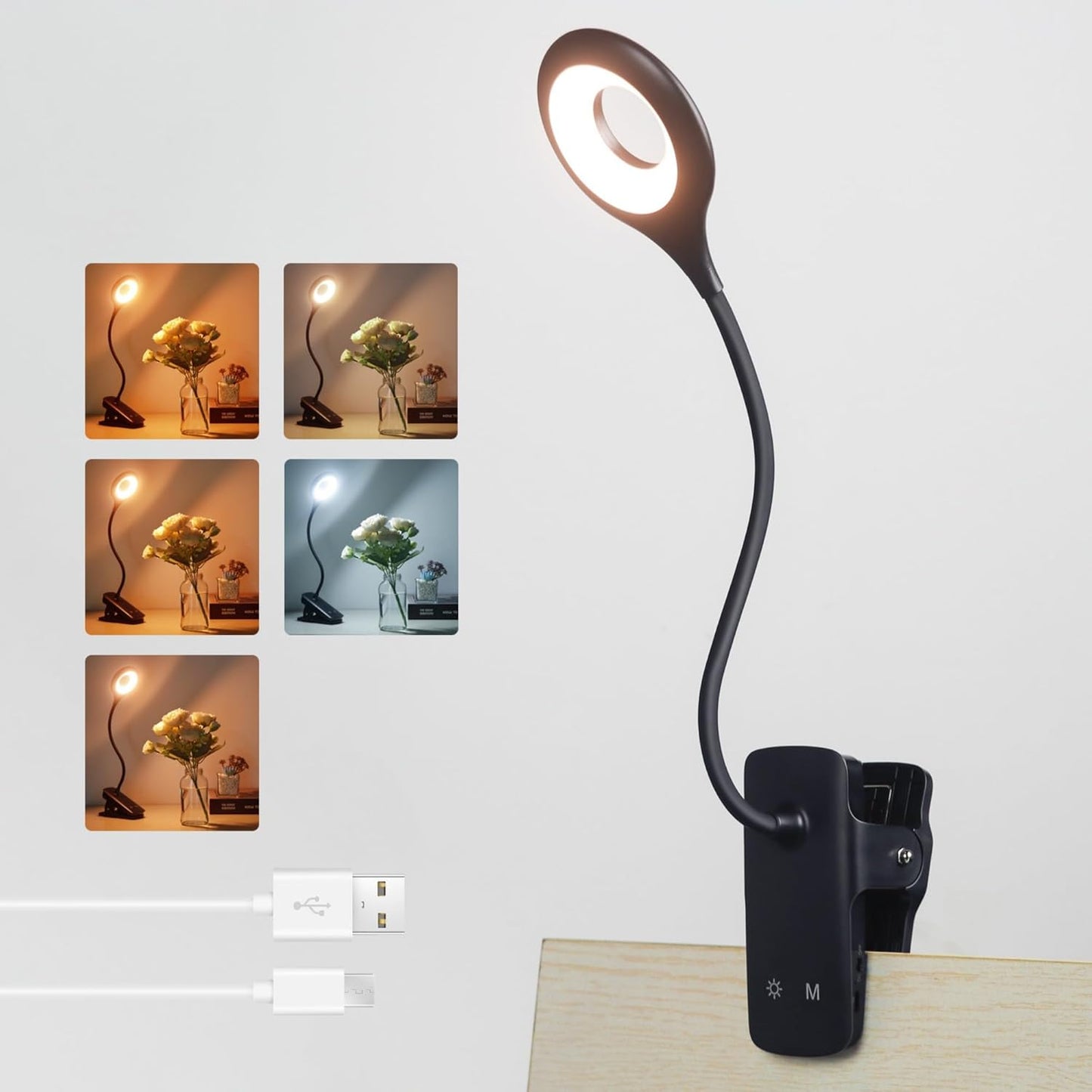 Akynite Desk Lamp LED Clip on Light, 5 Modes 5 Brightness Dimmable Clamp Light, Rechargeable Battery Flexible Clip on Reading Lamp for Bed Headboard Bunk Bed at Night for Kids (Black)