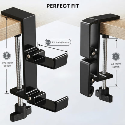 JAKO Headphone Stand for Desk, 3 Hooks Aluminum Alloy Headphone Holder (1 Foldable+2 Fixed) Space Saving Headset Stand Hook, Universal Fit PC Gaming Headsets Holder Desk Clamp for Office/Game Table