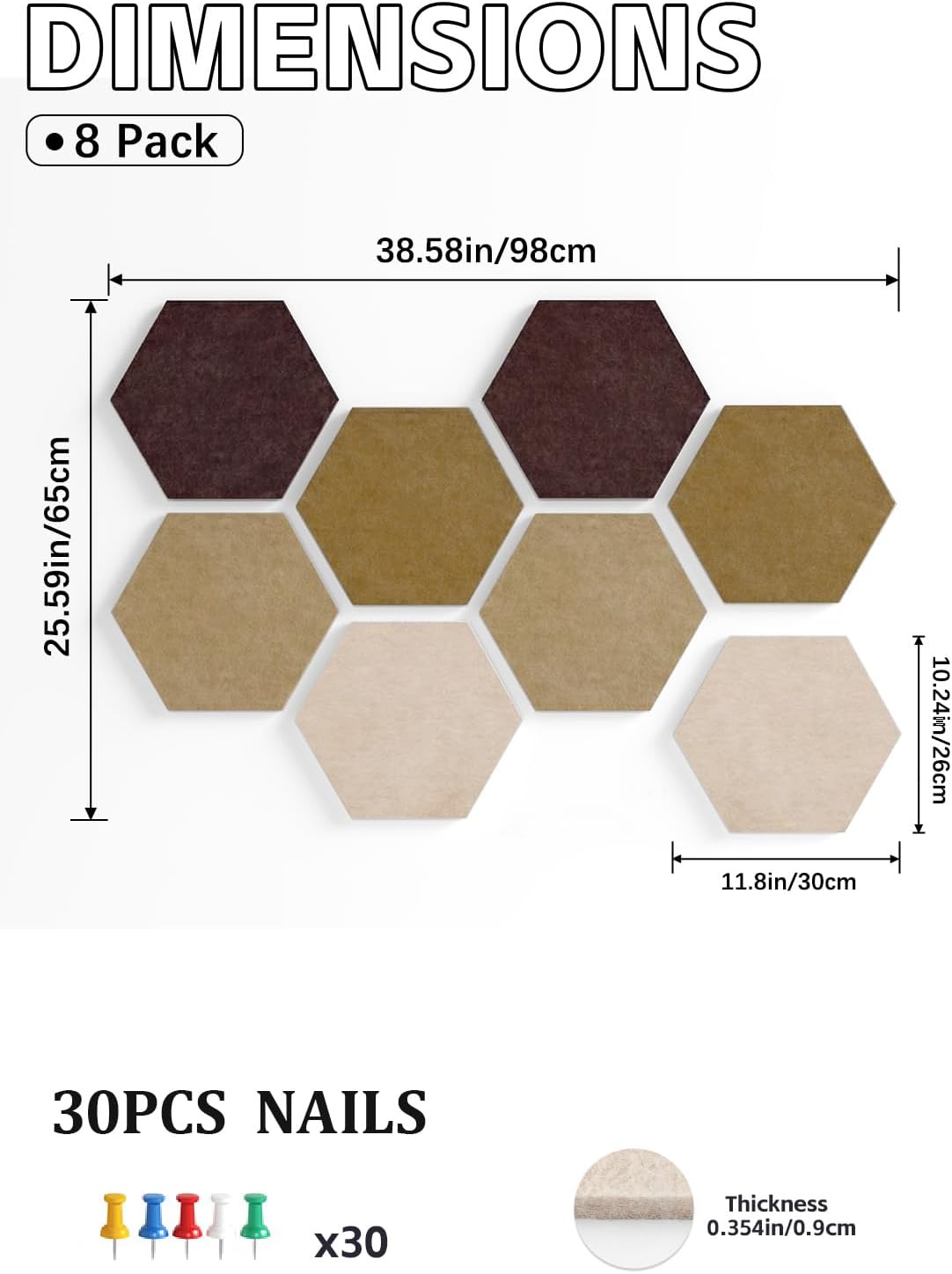 8 Pack Hexagon Felt Bulletin Board Tiles - 12" Large Thick Pin Board for Walls with 30 Push Pins, DIY Boards for Office Home School Decor, Aesthetic Hex Cork Board Alternative