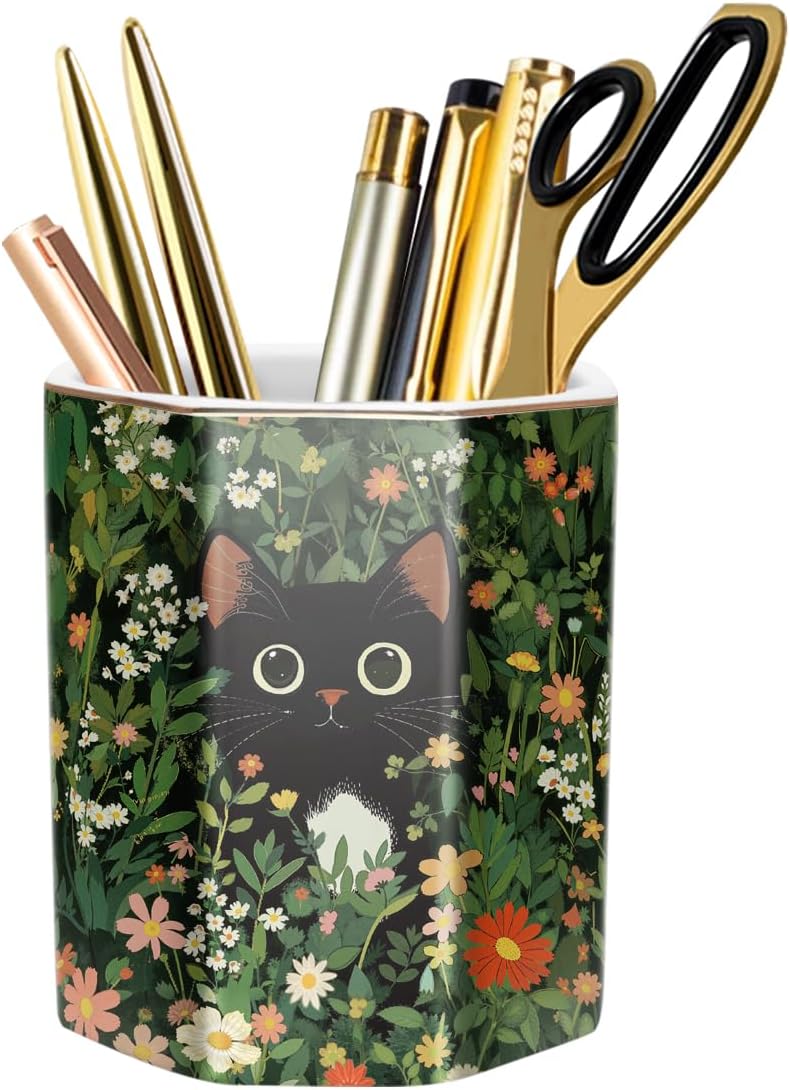 Pen Holder, Pencil Holder for Desk, Marble Desk Organizer Cute, Durable Ceramic Pencil Cup, Decorative Makeup Brush Holder Cup, Stationery Holder for Office, Home, Gray Marble