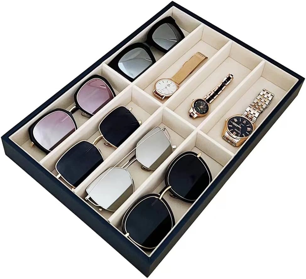 Premium Quality Sunglasses Tray Organizer Display PU Leather Exterior Soft Velvet Liner