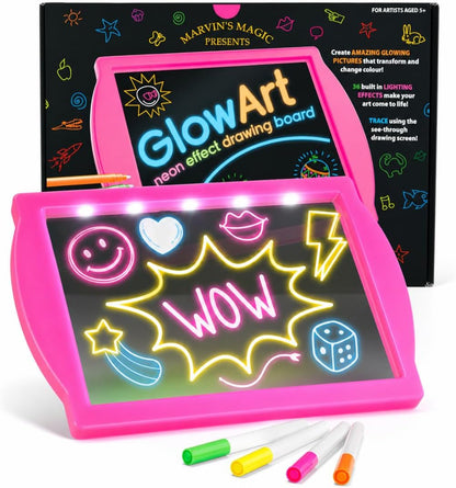 Marvin's Magic Glow Art Neon LED Drawing Board for Kids - Pink Doodle Board with Glow in the Dark Markers - Light Up Tracing Pad and Drawing Tablet - Mess Free Arts and Crafts Set Ages 5+