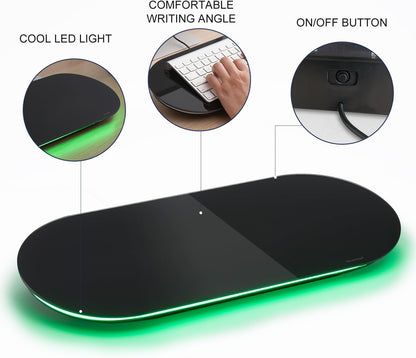 TSJ OFFICE Glass Desktop Whiteboard - 17 X 7 Inches Small Dry Erase Board with Green Light, Black Glass White Board Surface Notepad with 1 Drawer, Desk Organizers for Office, Home, School Supplies