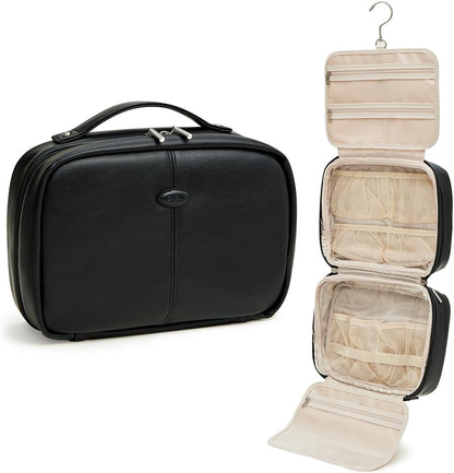 EACHY Toiletry Bag with Hanging Hook, Travel Makeup Bag PU Leather Cosmetic Bags for Women Make Up Organizer with 4 Compartments Waterproof Full-Size Portable Travel Essentials (Beige)