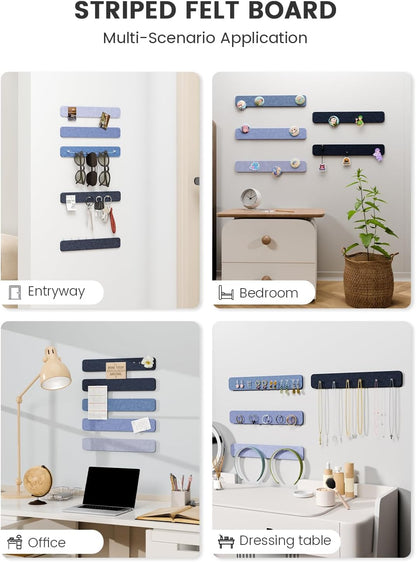 Fluxynara Cork Board Alternative Felt Strip Board 8-Pack 13"x2", Office Pin Board with 50 Push Pins, Adhesive Install for Bedroom Door & Home Office(Linen Dusk)