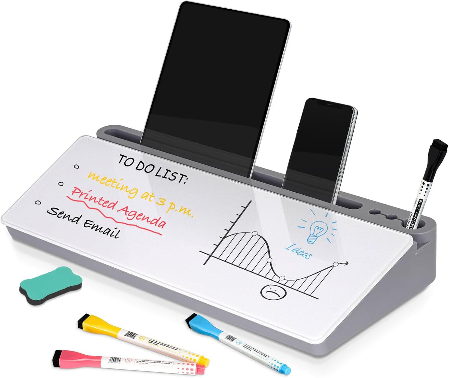 DOLLAR BOSS Glass Desk Whiteboard Calendar Small Dry Erase Board Desktop White Board with Storage Drawer Computer Keyboard Stand Desk Organizer, Colorful Weekly Calendar, Black