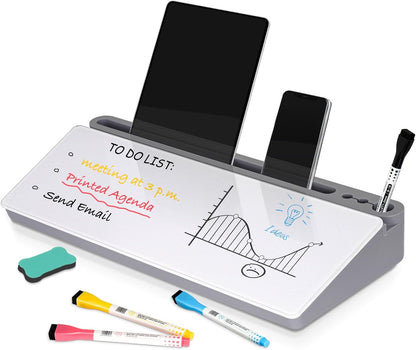 DOLLAR BOSS Glass Desk Whiteboard Calendar Small Dry Erase Board Desktop White Board with Storage Drawer Computer Keyboard Stand Desk Organizer, Colorful Weekly Calendar, Black