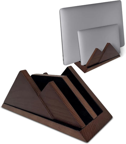 Dual Laptop Holder Vertical Stand 2 Slots Wooden - Dark Brown (Walnut Color) - Vertical Holder for Desk, MacBook Pro & Air, Desktop Organizer Made of Natural Wood, Adjustable Stand for Notebooks