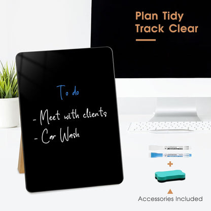 Desktop Glass Dry Erase Board, Small Glass Whiteboard with Adjustable Wood Stand - Reusable Desk Notepad 11" x 8.2" for Home Office