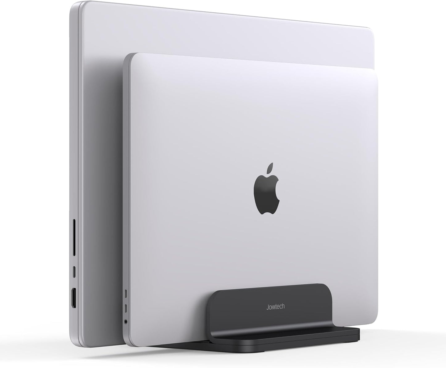 JOKItech Dual Aluminum Vertical Laptop Stand Organizer, Sturdy Notebook Computer Holder Stand Compatible with New Liquid Retina XDR Apple MacBook Air/Pro/Neo, Mac mini, Apple TV & iPad Pro - Spacegray