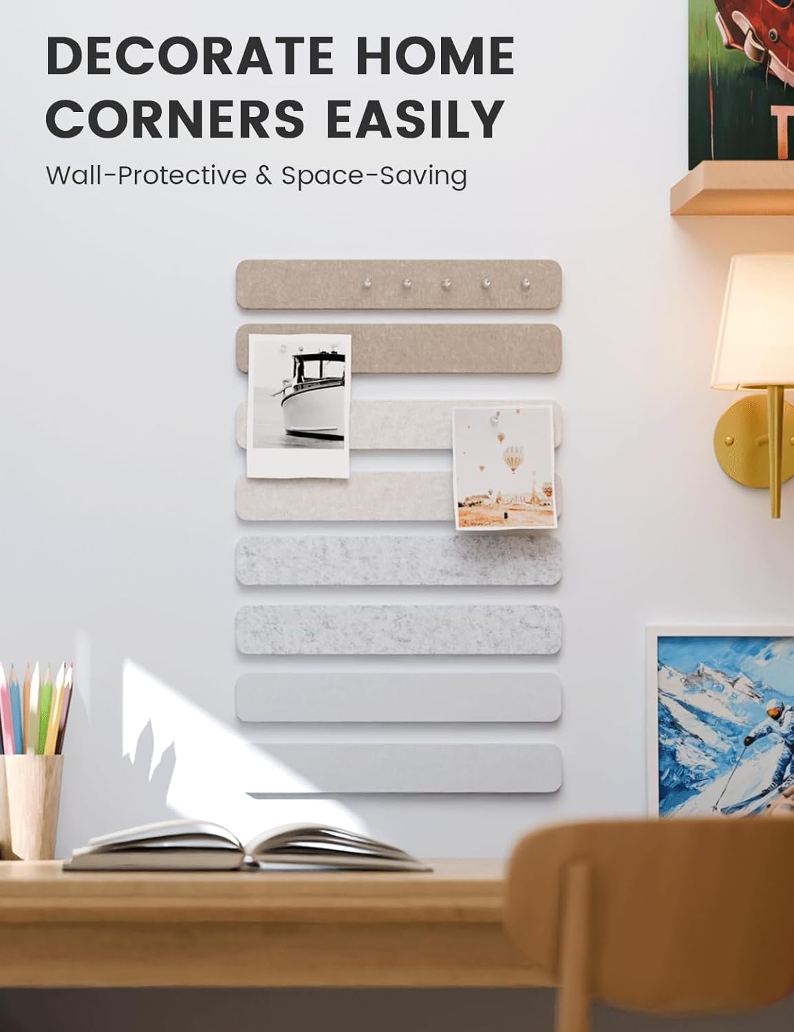 Fluxynara Cork Board Alternative Felt Strip Board 8-Pack 13"x2", Office Pin Board with 50 Push Pins, Adhesive Install for Bedroom Door & Home Office(Linen Dusk)