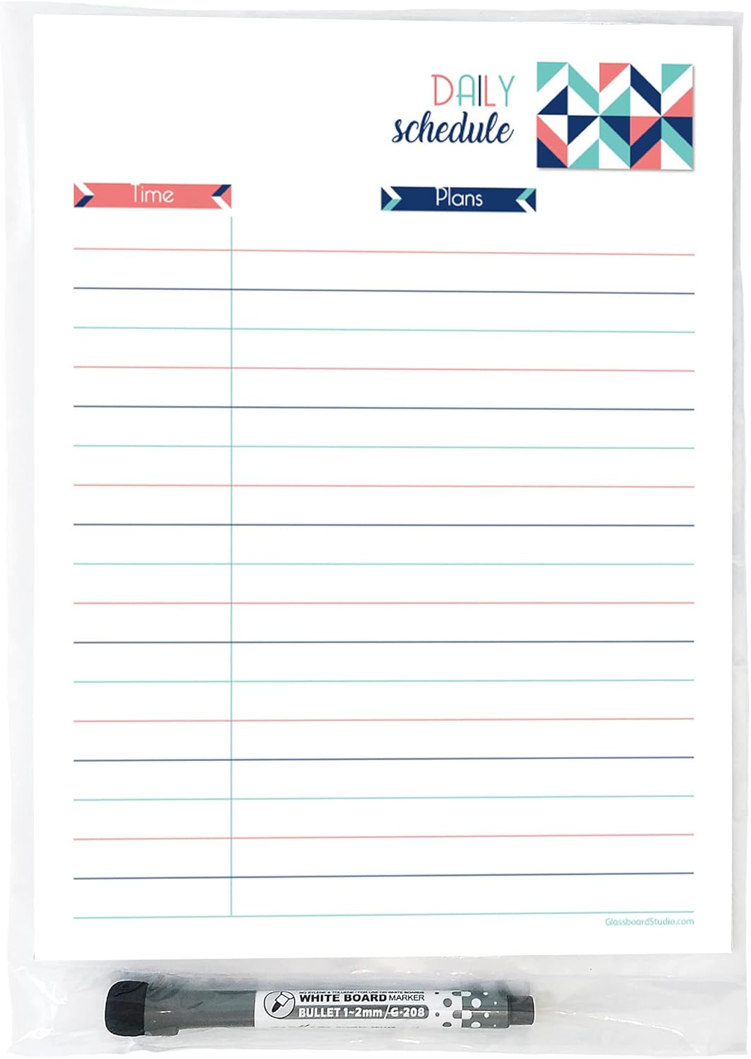 Dry Erase Daily Schedule Planner Sticker Decal by Glassboard Studio | Removable & Reusable | Magnetic Fine-Tip Marker Included (9 x 12 inches, White)