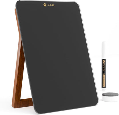 YEOUX Glass Desk Whiteboard with Reversible Wood Stand, Desktop Small White Board, Reusable Mini Dry Erase Board 6.7"x9.5" for Office, Home, School, Marker&Eraser Included