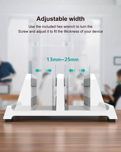 Vertical Laptop Stand for Desk, Dual Slots Plastic Laptop Holder with Space Saving 4-in-1 Design, Adjustable Width Supports MacBook, Chromebook, Surface, Dell (Black)