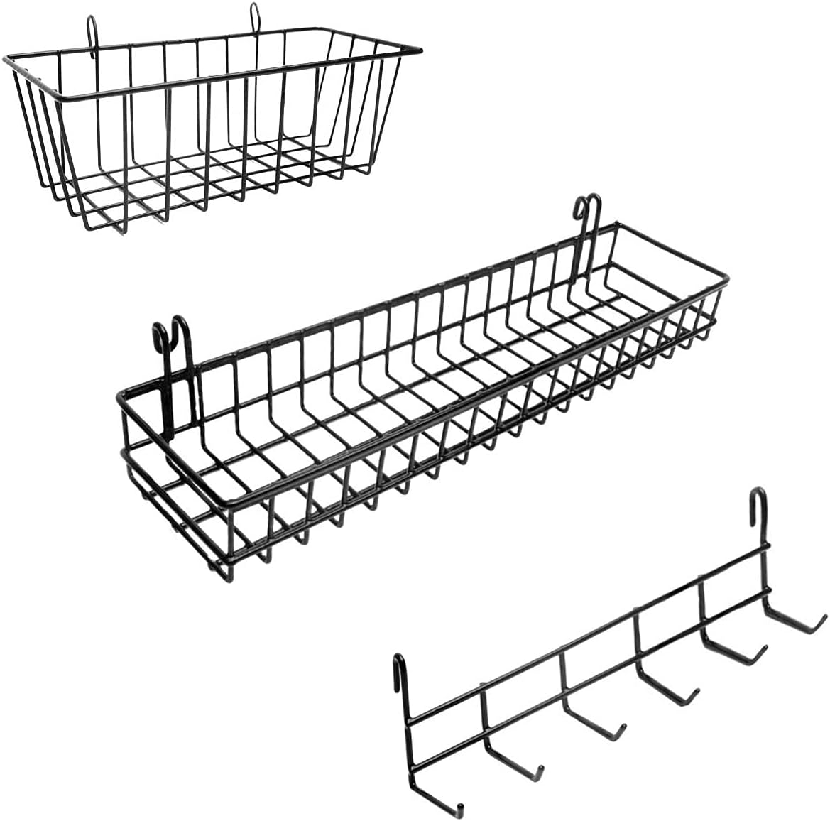 2 Pack Wire Wall Grid Panel With Accessories | Includes Hanging Basket, Shelf & Hook Rack | Photo Grid Wall Panels | Hanging Home, Office & Kitchen Décor | Metal & Black