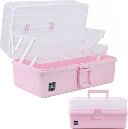 Creahaus 13 inch Art Craft Organizer Storage Box with 3 Layer, Multipurpose Plastic Tool Box with Handle for Sewing, Art Supply, Medicine, Nail, Hair Accessories (Yellow)