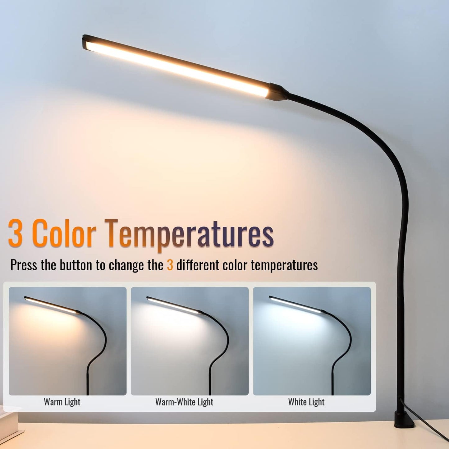 LED Desk Lamp with Clamp, Clamp Light, Tall Desk Lamp with Long Gooseneck, 11W, 850 LMS, 3 Color Modes, 10 Brightness Levels, Eye-Caring, Clip on Desk Light for Reading, Home, Office