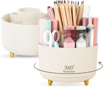 SKYDUE 360 Rotating Plastic Desk Pen Organizer with 5 Slots, Dual-Purpose Art Supply Pencil Cup for Office, School, Home