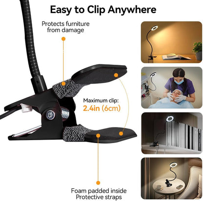 Skymore Clip on Light -3 Color Modes&10 Brightness LED Reading Desk Light with Clamp Flexible Gooseneck Book Light for Kids' Bedtime Reading, Zoom Meetings, Clip on Table, Headboard, Dorm&Office Use