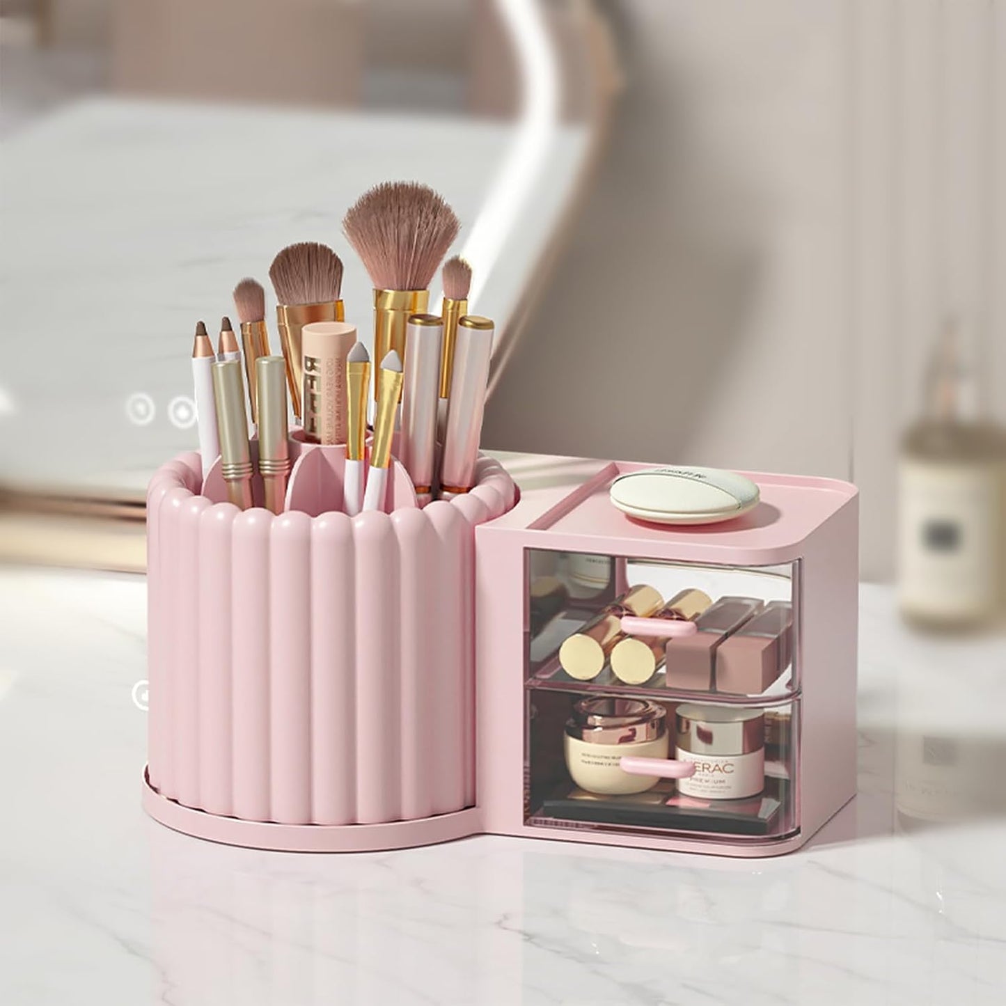 Anyoifax 360 Rotating Makeup Brush Holder 7 Slots Make Up Brush Organizer Removable Spinning Cosmetic Brushes Storage Pen Holder for Vanity, Dresser, Desk, White