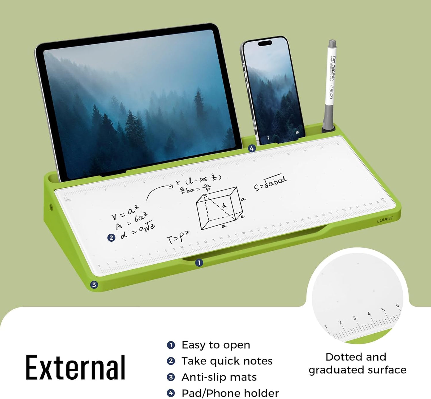 LOUKIN Glass Desktop Whiteboard, 15.3" x 5.6" Dry Erase Desk Board with Dotted and Graduated Surface, Desktop Buddy, Great for Design and Drawing, 3 Markers and 1 Dry Erase Eraser Included (Purple)