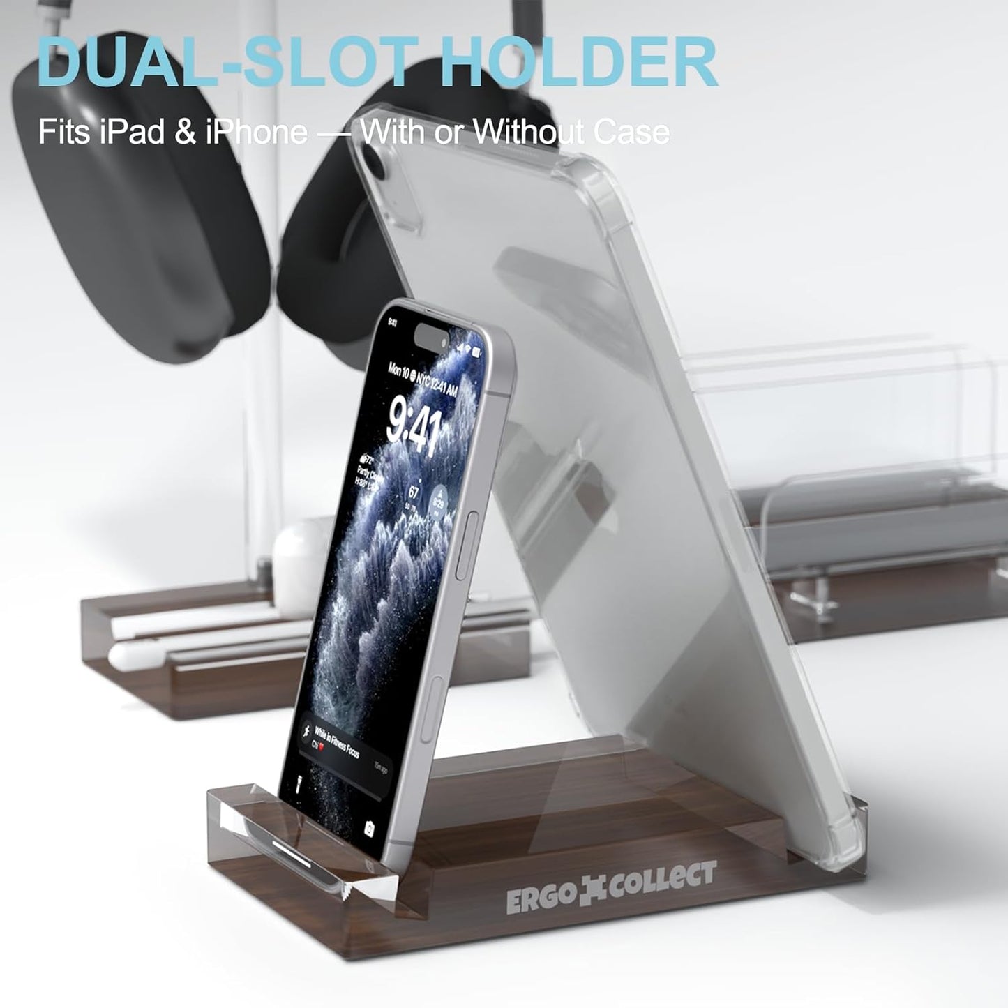 Vertical Laptop Stand for Desk – Adjustable Dual Slot Holder (Fits 2 Laptops & Controller), with Matching Headphone Stand & Phone/Tablet Holder, Acrylic Wood Finish