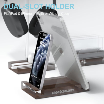 Vertical Laptop Stand for Desk – Adjustable Dual Slot Holder (Fits 2 Laptops & Controller), with Matching Headphone Stand & Phone/Tablet Holder, Acrylic Wood Finish