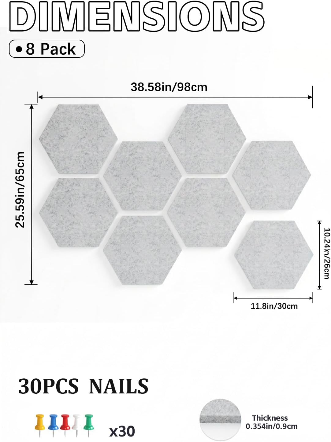8 Pack Hexagon Felt Bulletin Board Tiles - 12" Large Thick Pin Board for Walls with 30 Push Pins, DIY Boards for Office Home School Decor, Aesthetic Hex Cork Board Alternative