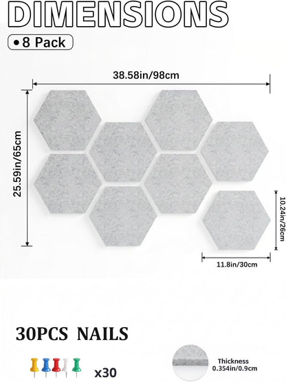 8 Pack Hexagon Felt Bulletin Board Tiles - 12" Large Thick Pin Board for Walls with 30 Push Pins, DIY Boards for Office Home School Decor, Aesthetic Hex Cork Board Alternative