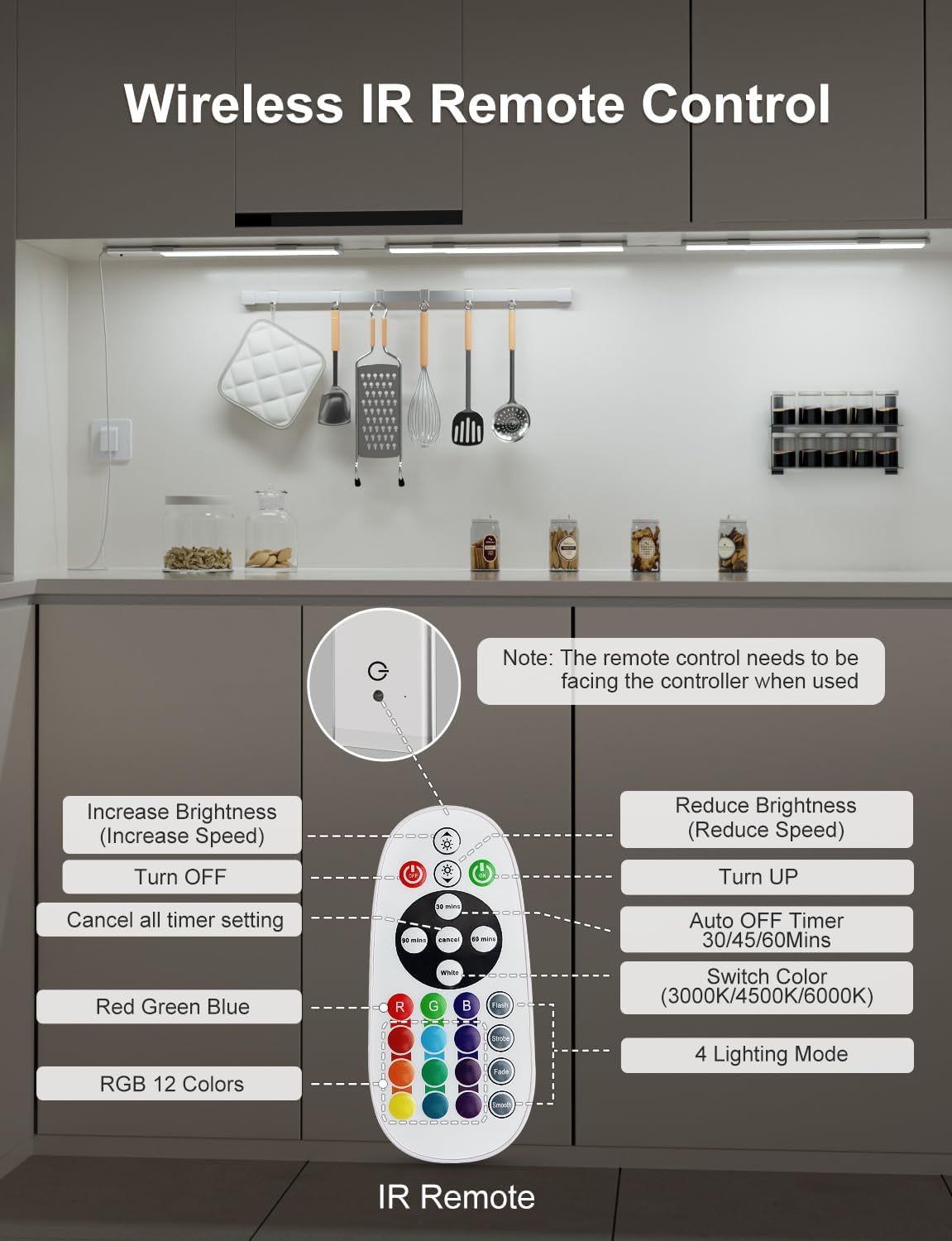 Diomart RGB Under Cabinet Lights with Remote, Dimmable Plug-in/Hardwired LED Light Bar for Kitchen Counter, 12 Inch, 3 Pack | Multi-Color Modes for Desk, Closet