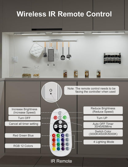Diomart RGB Under Cabinet Lights with Remote, Dimmable Plug-in/Hardwired LED Light Bar for Kitchen Counter, 12 Inch, 3 Pack | Multi-Color Modes for Desk, Closet
