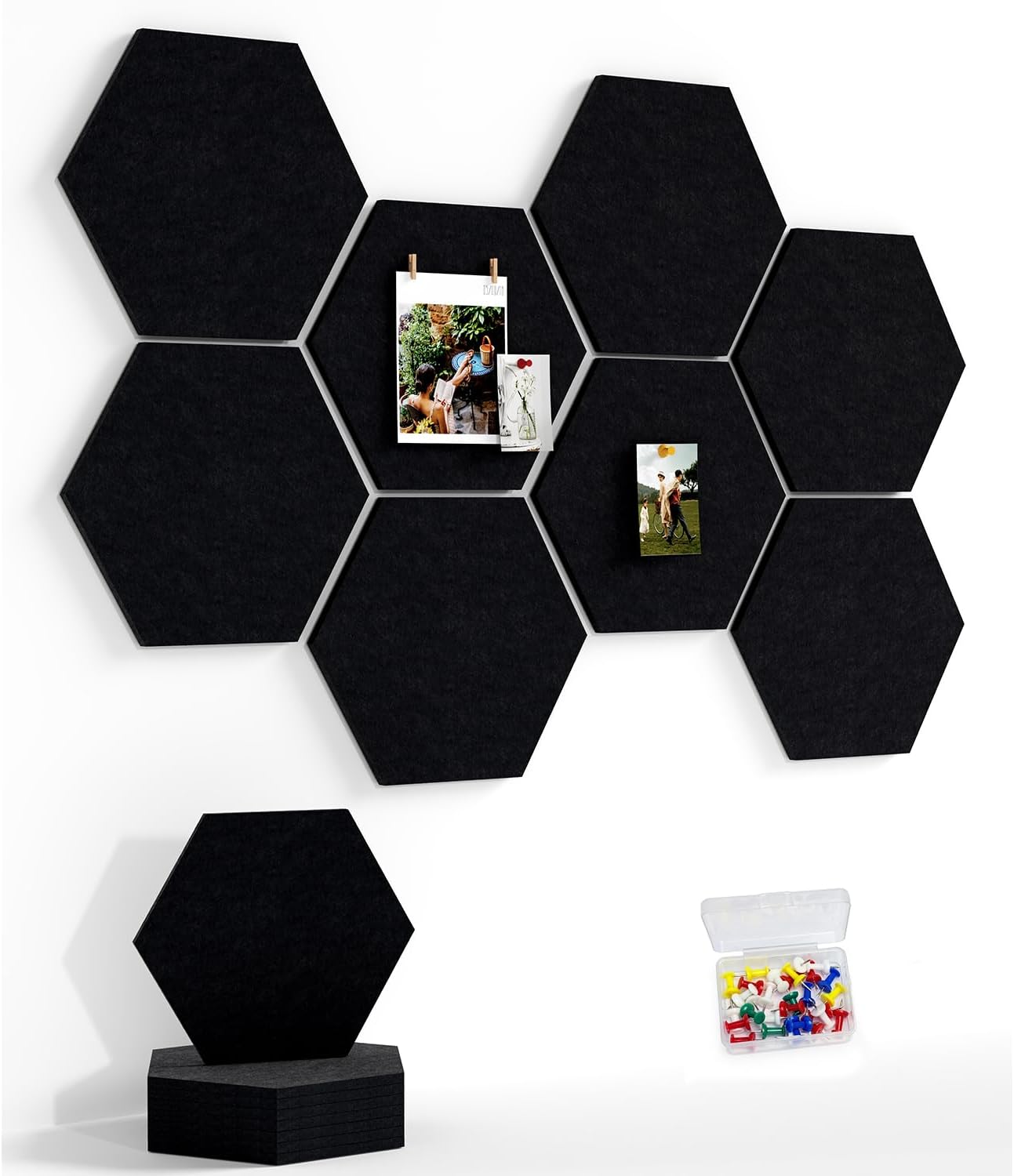 8 Pack Hexagon Felt Bulletin Board Tiles - 12" Large Thick Pin Board for Walls with 30 Push Pins, DIY Boards for Office Home School Decor, Aesthetic Hex Cork Board Alternative