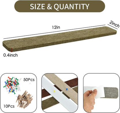Vuzvuv 8 pcs Bulletin Board Bar Strips with 50 Pushpins & 10 Wooden Clip pins，Self Adhesive Cork Board for Wall，Felt Pin Board for School，Office Decor（Black White Grey）