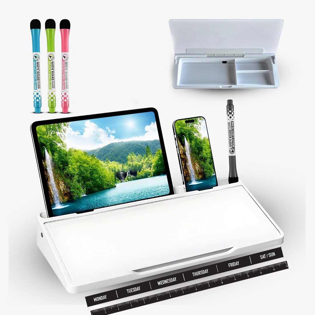 Desktop whiteboard - Glass Desk Dry Erase board with storage- Desk buddy memo board for computer monitor- EXTRA STICKERS Weekly Organizer and Ruler- work from home and office