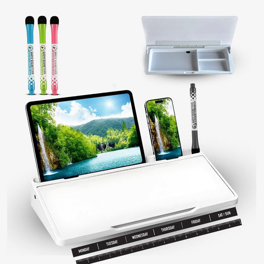 Desktop whiteboard - Glass Desk Dry Erase board with storage- Desk buddy memo board for computer monitor- EXTRA STICKERS Weekly Organizer and Ruler- work from home and office