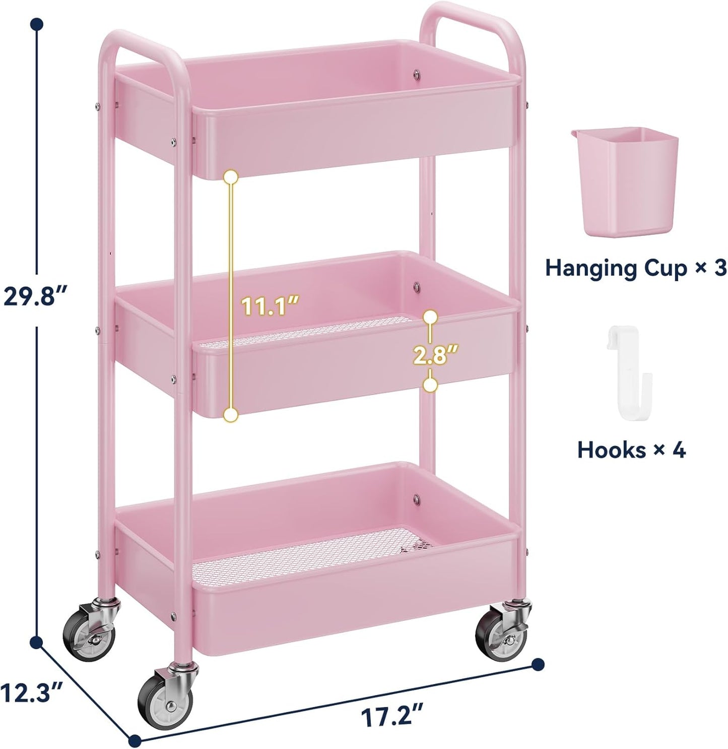 YASONIC 3 Tier Rolling Cart - Metal Utility Cart with Wheels, Hanging Cups, Hooks, Heavy Duty Mesh Rolling Storage Cart Organizer, Craft Cart for Kitchen Office, Lightweight and Sturdy