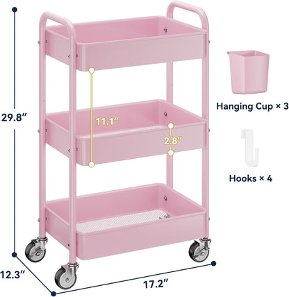 YASONIC 3 Tier Rolling Cart - Metal Utility Cart with Wheels, Hanging Cups, Hooks, Heavy Duty Mesh Rolling Storage Cart Organizer, Craft Cart for Kitchen Office, Lightweight and Sturdy