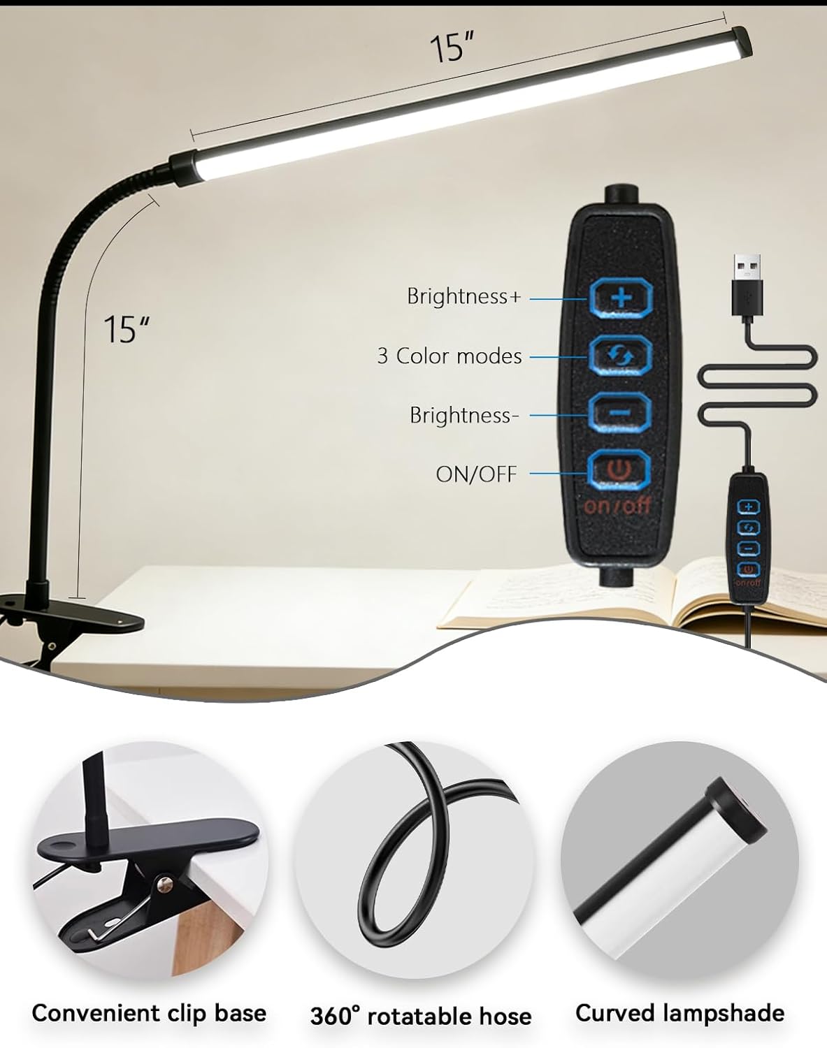 2 Pack Clip On LED Desk Lamp, 3 Lighting Modes 10 Brightness Levels, Flexible Goose Neck Swing Arm Task Lamp, Eye Caring USB Powered Clamp Light for Home Office Study Reading Bedside