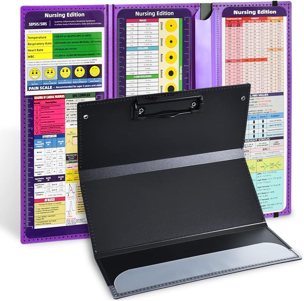 Vuzvuv Nursing Foldable Plastic Clipboard 3 Layers with Medical Edition Cheat Sheets, Pink Pocket Foldable Nurse Clip Boards Notepad for Students,Doctors and Medical Staff
